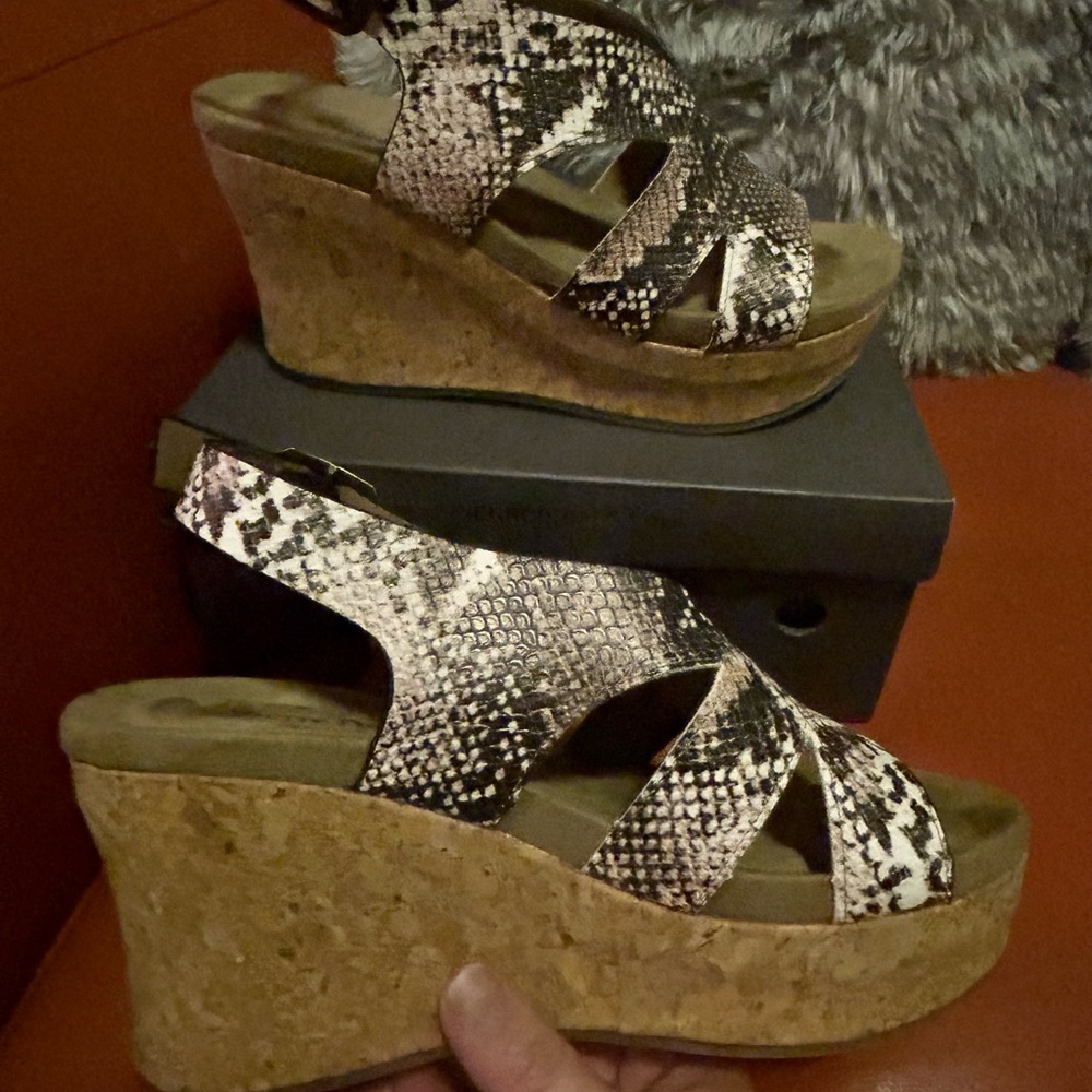 Pierre Dumas (6.5) snakeskin wedges with buckle strap on heel for adjustments